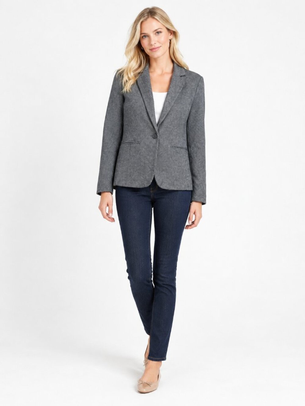 2/$30 TAHARI Herringbone Chevron Single-Button Blazer Jacket Gray Medium #A4830